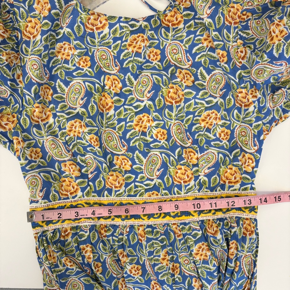 Madison Mathews || Perrin Maxi Dress Open Bsck Block Print Floral Tassels Blue S - Picture 10 of 12